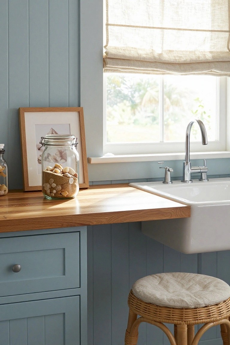 Kitchen countertop with oak wood surface, white farmhouse sink, blue shiplap walls, glass jars containing shells and sand, framed beach photo, small bottle, and wicker stool, next to a window with sheer curtains and outdoor view.