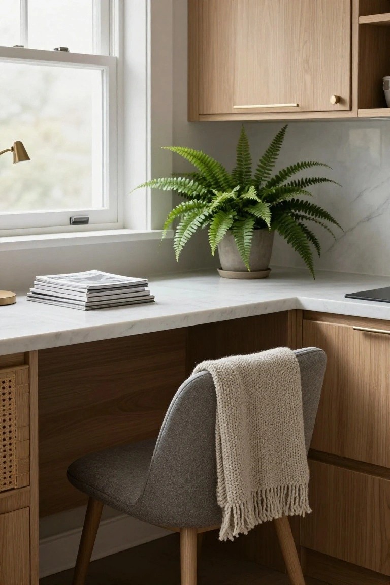 Kitchen office nook with white marble countertop desk holding stacked magazines and a gold tray, a potted fern plant beside it, gray upholstered chair with cream knit throw draped over the back, and light wood cabinets.
