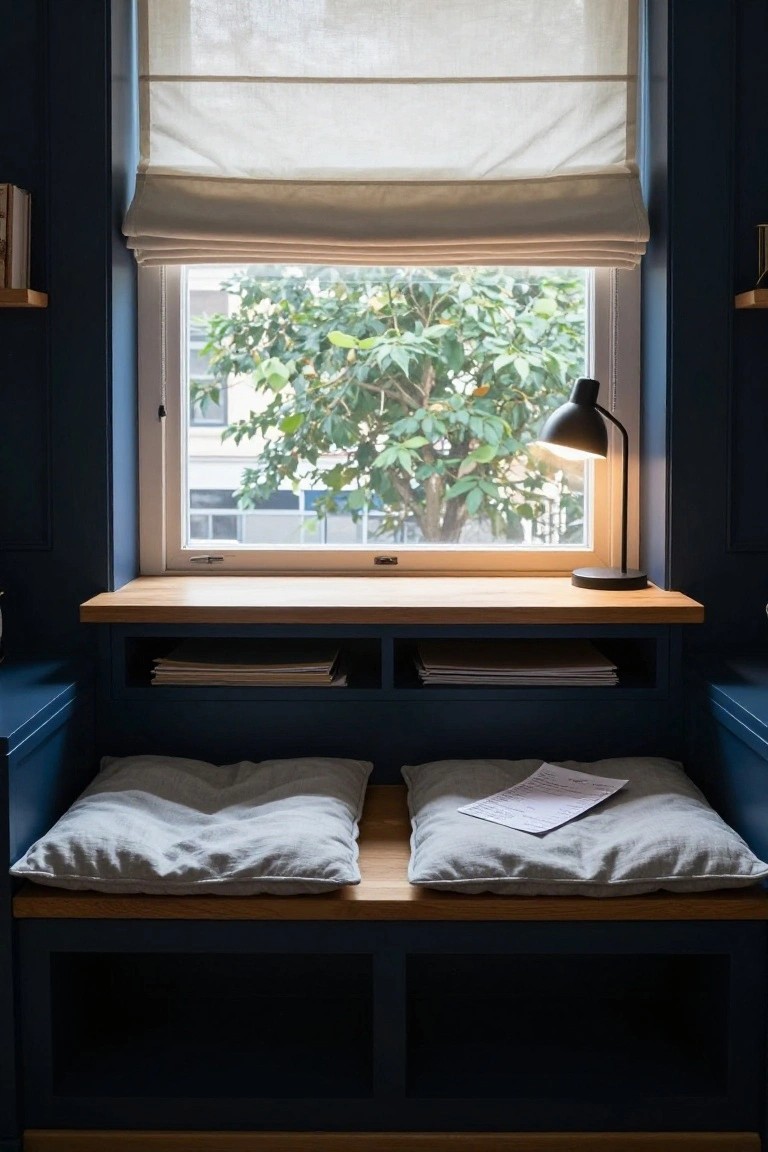 Navy blue built-in window bench with oak wood top and sides, two gray cushions, papers on one cushion, black desk lamp on shelf, white blinds partially open to view of green tree outside, small shelves with books nearby.
