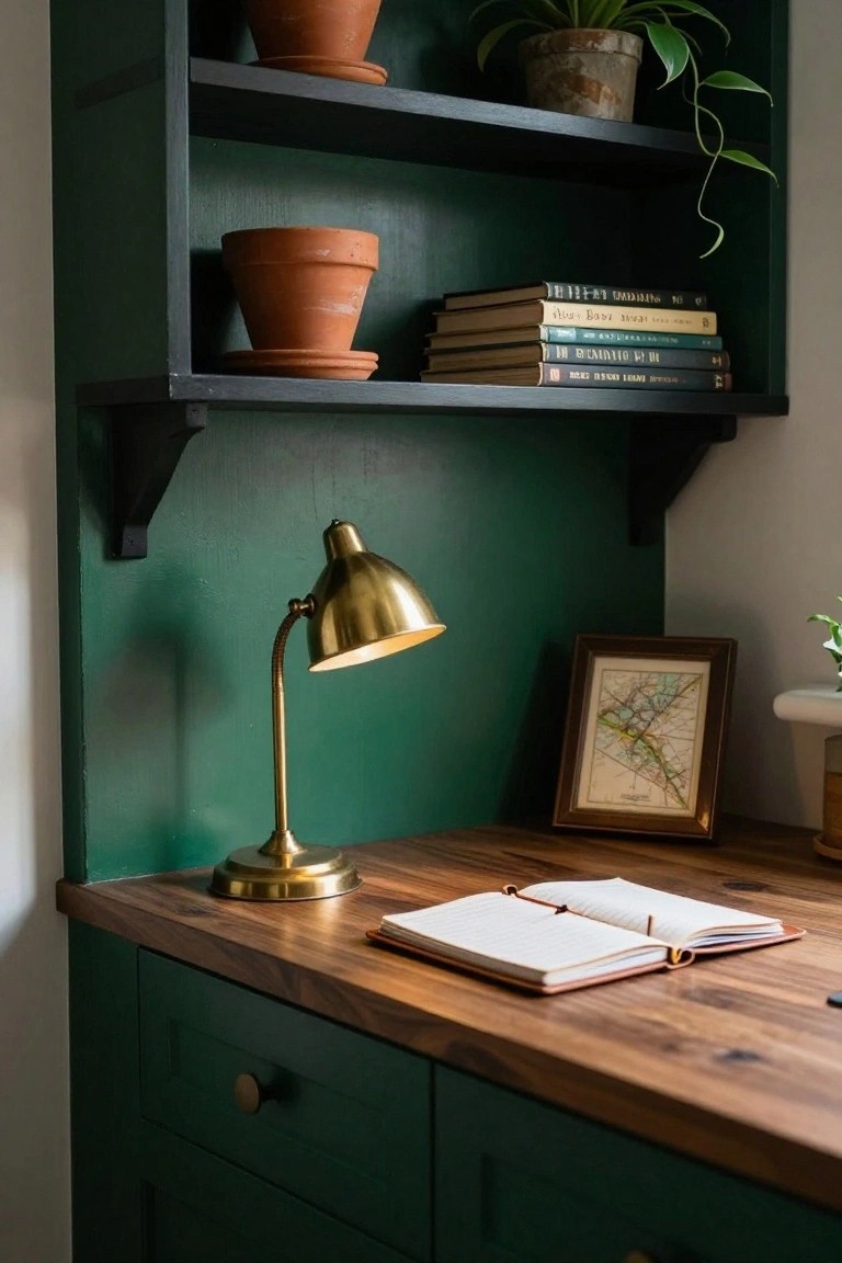 Wooden desk with open leather notebook and brass gooseneck lamp on deep green built-in cabinetry, shelves above holding terracotta pots with plants and stacked books, framed map nearby.