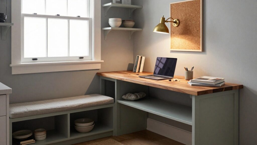 A sage green painted kitchen island with a light wood butcher block top used as a workspace holding a laptop and open book, built-in lower benches with white cushions and a mug in open shelving, wall-mounted shelves with bowls and books nearby, and an adjacent kitchen with stove in view.