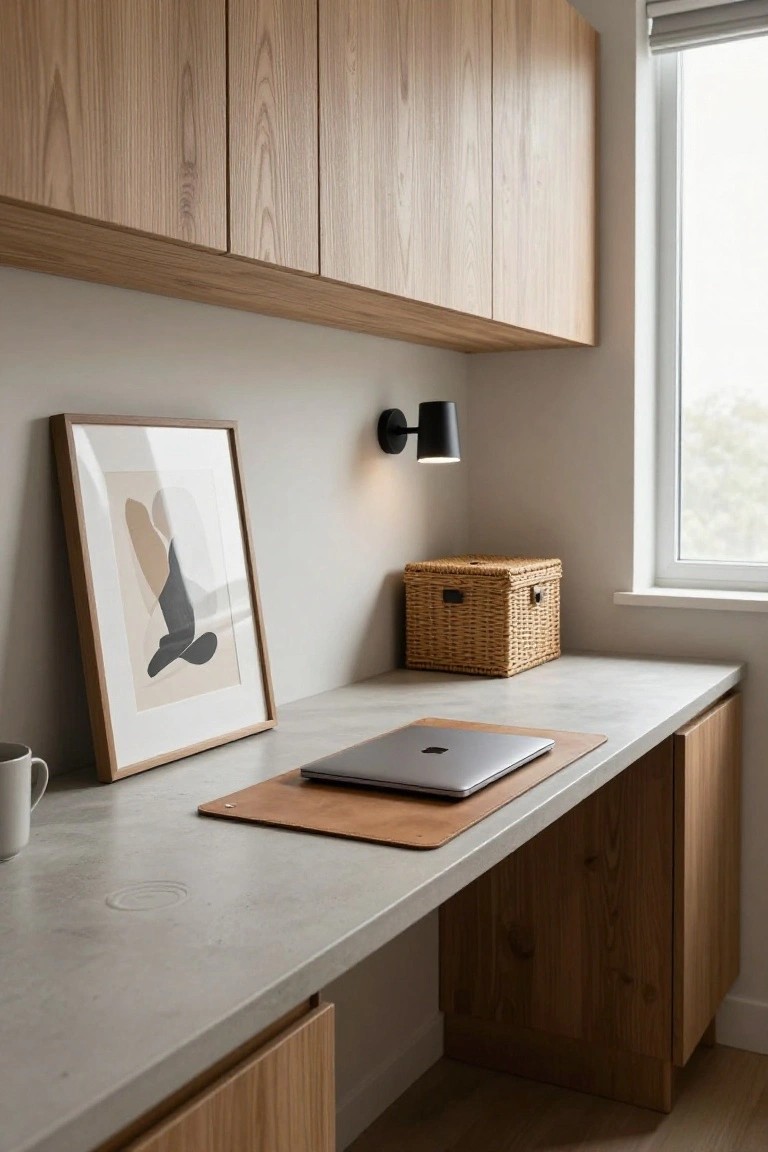 Light oak upper cabinets above a gray concrete desk surface in a kitchen office nook, with an open MacBook laptop on a leather pad, white coffee mug, framed abstract print, black wall lamp, wicker basket, and window with roller blind nearby.