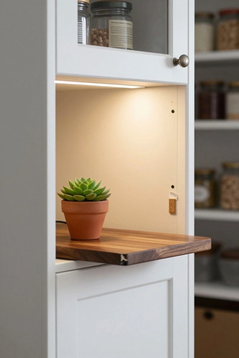 White kitchen cabinet with glass doors showing jars on upper shelves, a pull-out wooden shelf holding a terracotta pot with succulent plant, LED strip lighting above the shelf, and drawers below.