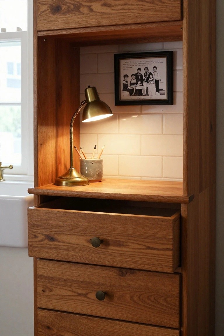 Oak wood kitchen cabinet unit with open shelf workspace holding brass gooseneck lamp, ceramic pot of pencils, and black-framed family photo against white subway tile backsplash, one drawer pulled open below, sink visible nearby.