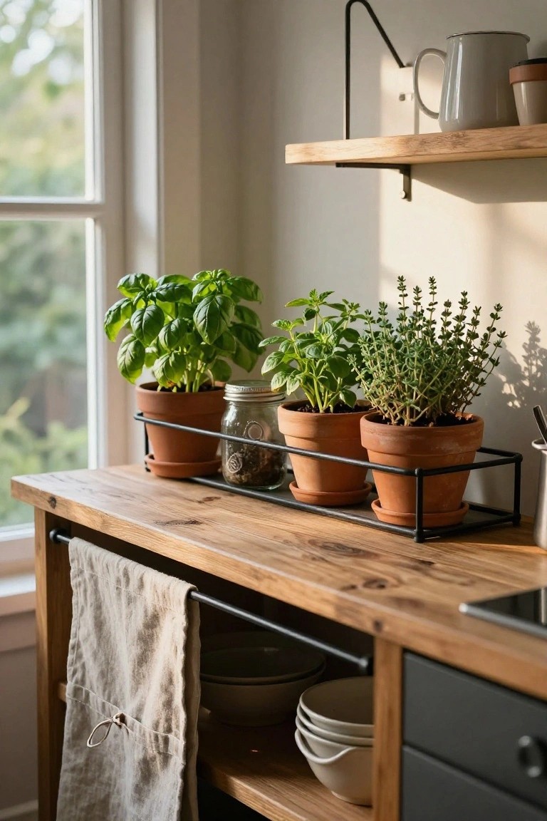 Wooden kitchen counter with black metal rack holding terracotta pots of basil, another herb, and thyme, positioned near a window with shelves and plants above.
