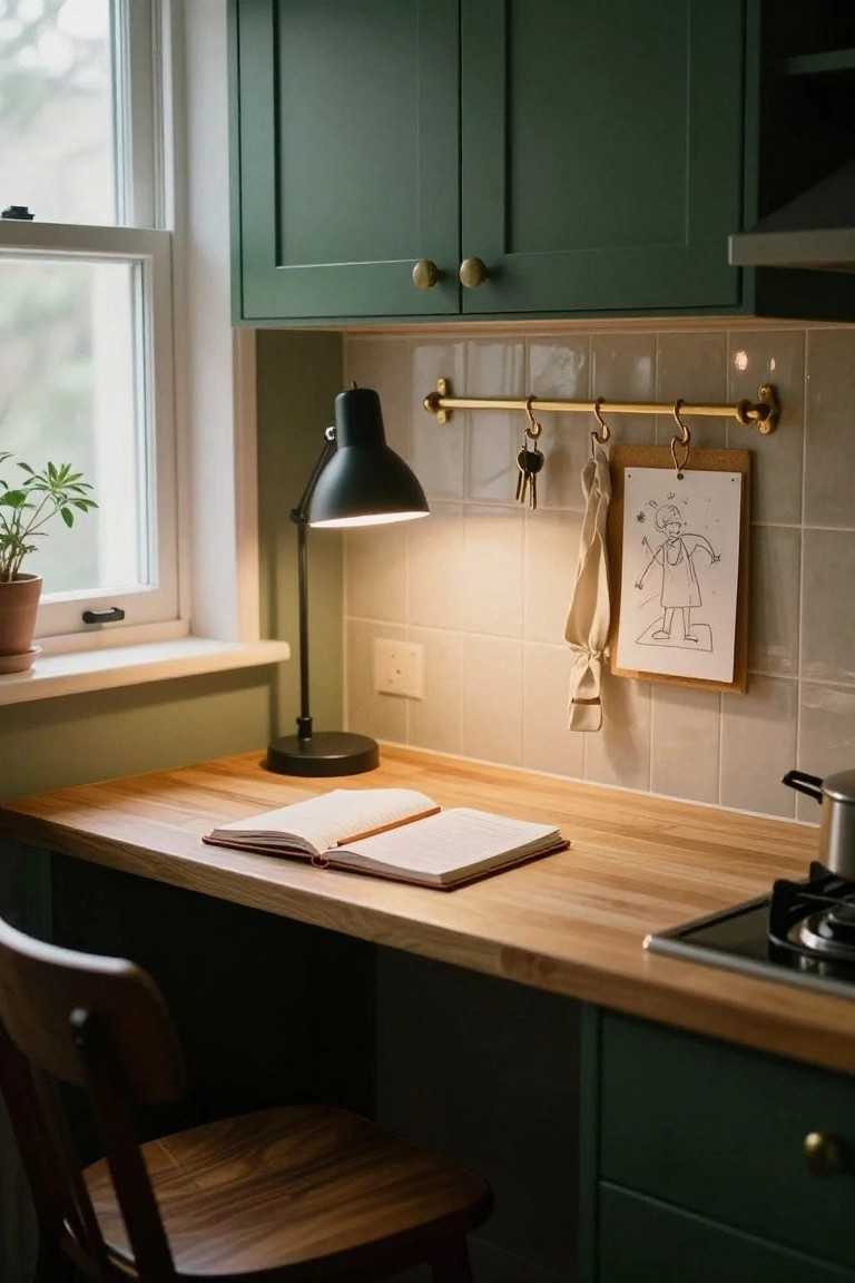 Green kitchen cabinets surround a wooden countertop desk nook with an open notebook, desk lamp, wooden chair, potted plant on windowsill, and corkboard holding a child's drawing on tiled wall.