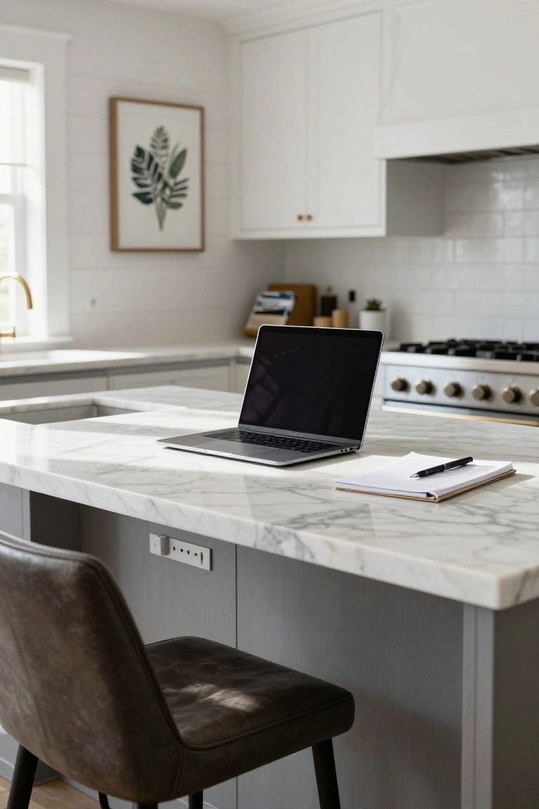 A white marble kitchen island countertop with an open MacBook laptop, a notebook, and black pen, next to a brown leather stool and gray cabinet base in a light kitchen.