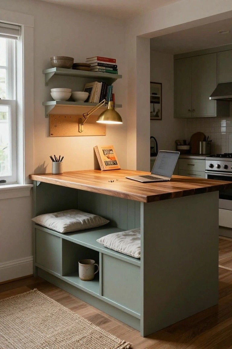 A sage green painted kitchen island with a light wood butcher block top used as a workspace holding a laptop and open book, built-in lower benches with white cushions and a mug in open shelving, wall-mounted shelves with bowls and books nearby, and an adjacent kitchen with stove in view.