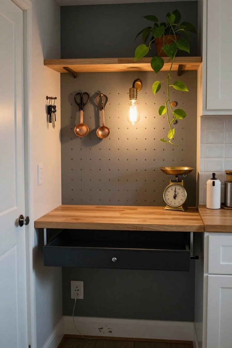 Kitchen corner nook with gray pegboard wall holding hanging copper ladles, scissors, keys, and a brass scale, plus a wooden floating desk with black drawer below, potted plant on shelf above, and lit Edison bulb.