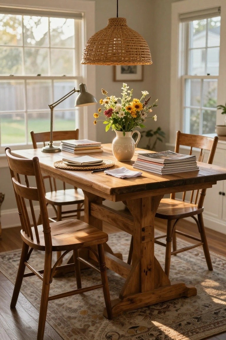 Sunlit dining nook with wooden trestle table holding stacked magazines, open notebook, vase of wildflowers, desk lamp, woven placemats, wooden chairs, rattan pendant light, and large windows overlooking greenery.