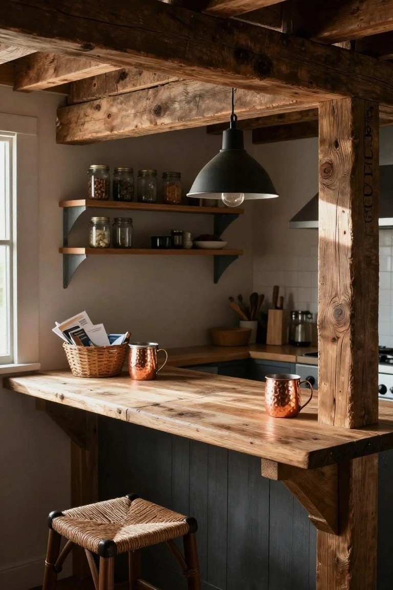 Rustic kitchen interior with exposed wooden beams, wooden countertop holding a woven basket of papers and copper mugs, rattan stool, open shelves with glass jars, and black pendant light.