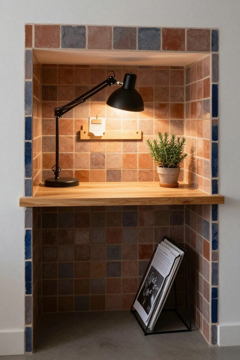 Recessed wall niche with multicolored terracotta and blue tiles, wooden shelf desk, black adjustable desk lamp, potted rosemary plant in terracotta pot, wooden note clip, and black metal magazine stand on wood base.