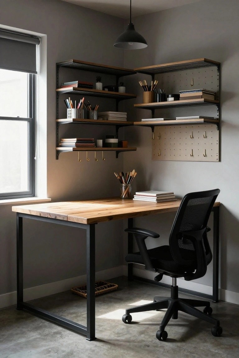 Corner home office with L-shaped wooden desk on black metal frame, black mesh office chair, wall-mounted wooden shelves on metal brackets holding books and supplies, pendant light, and roller shade window.