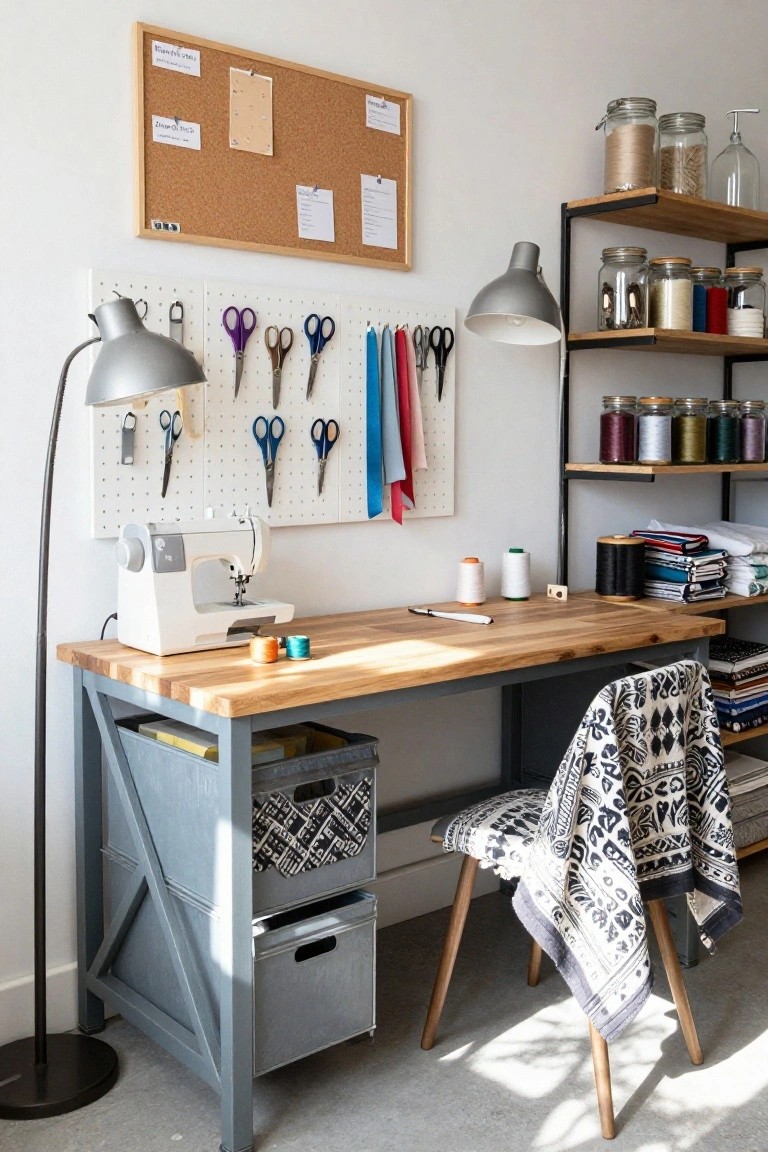 L-shaped wooden butcher block desk in room corner with white sewing machine, gray metal lamp, pegboard wall holding scissors and tools, metal shelves stocked with jars and fabric bolts.