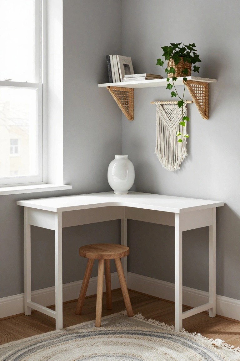 White L-shaped corner desk with wooden stool in gray room corner, floating rattan shelves holding books and ivy plant basket, white vase on desk, macrame hanging on wall, near window and jute rug.