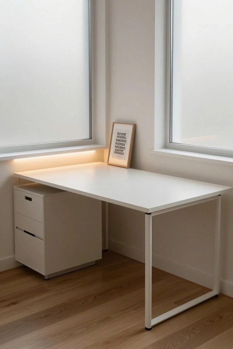 Minimalist white desk with file cabinet under frosted windows.