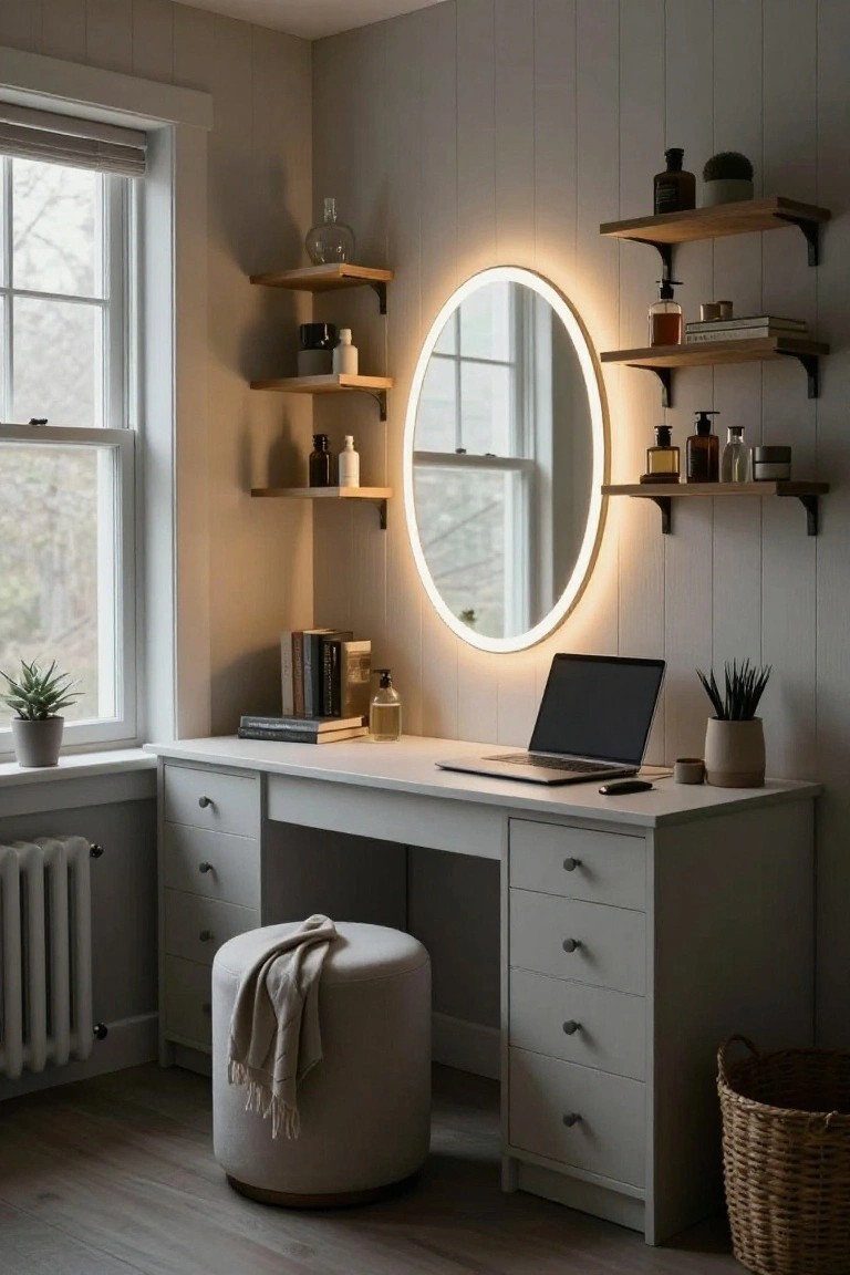 White L-shaped desk in a room corner with drawers on both sides, round backlit mirror above, wooden floating shelves with bottles and books, open laptop on desk surface, pouf stool, and wicker basket on wood floor.