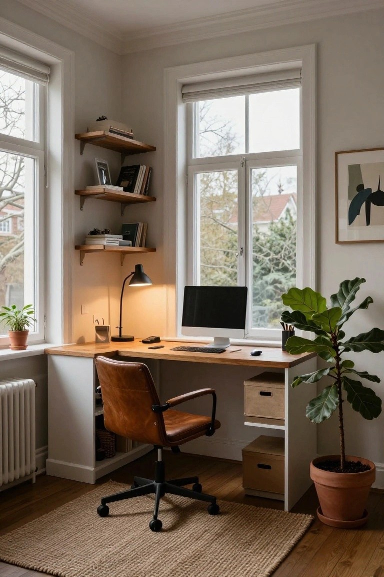 Corner home office featuring an L-shaped wooden desk with white cabinets and drawers, brown leather desk chair, desk lamp, computer monitor, bookshelves on walls, potted plants, and large windows with views of trees outside.