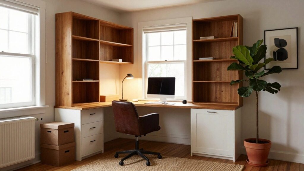 18 L-Shaped Desk Office Ideas That Optimize Corners Corner home office featuring an L-shaped wooden desk with white cabinets and drawers, brown leather desk chair, desk lamp, computer monitor, bookshelves on walls, potted plants, and large windows with views of trees outside.