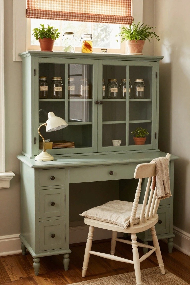 Sage green painted wooden L-shaped corner desk with glazed upper cabinets containing glass jars and small plants, a white wooden chair with linen cushion, and a desk lamp beside books.
