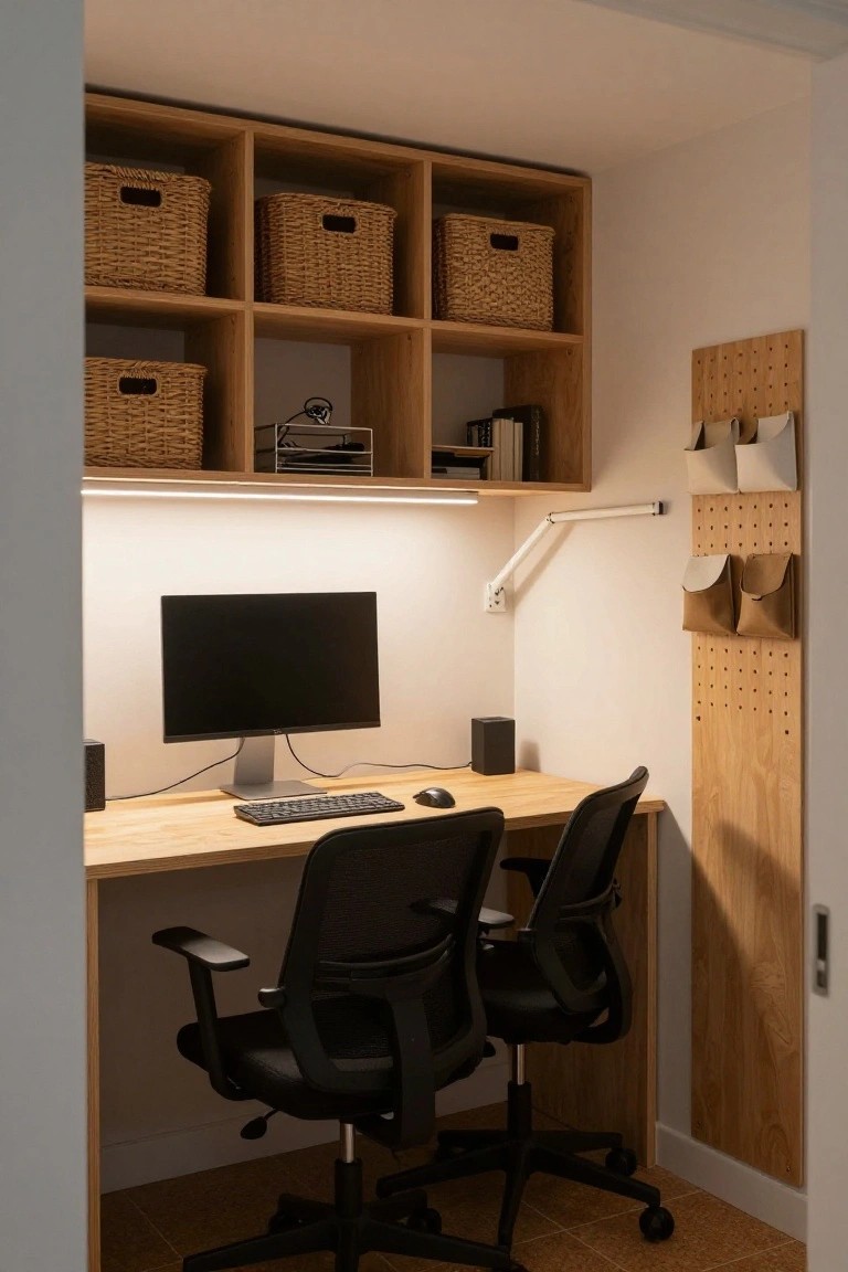 Small indoor corner office nook with light wooden L-shaped desk, two black mesh office chairs, built-in wooden shelves holding wicker baskets and desk accessories, black computer monitor on silver stand, and wall-mounted lighting.