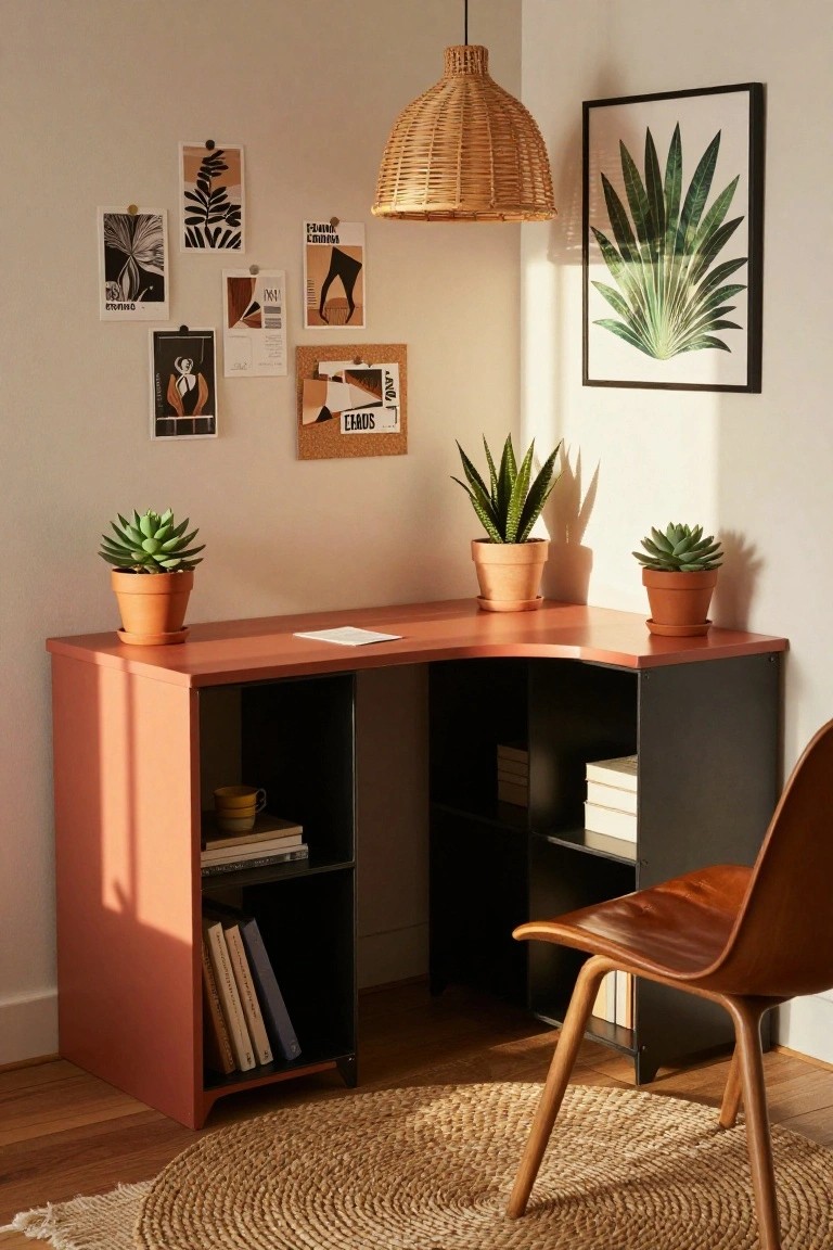Corner L-shaped desk with reddish pink top and black shelving holding books, three succulents in terracotta pots on the desk surface, assorted wall art and prints nearby, rattan pendant light overhead, and brown leather chair on seagrass rug.