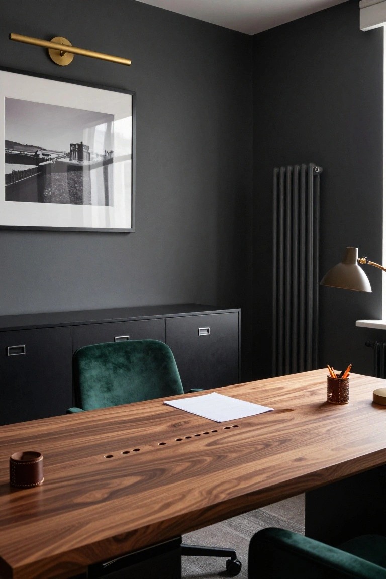 Modern office with dark walls, wooden desk, and green velvet chair.