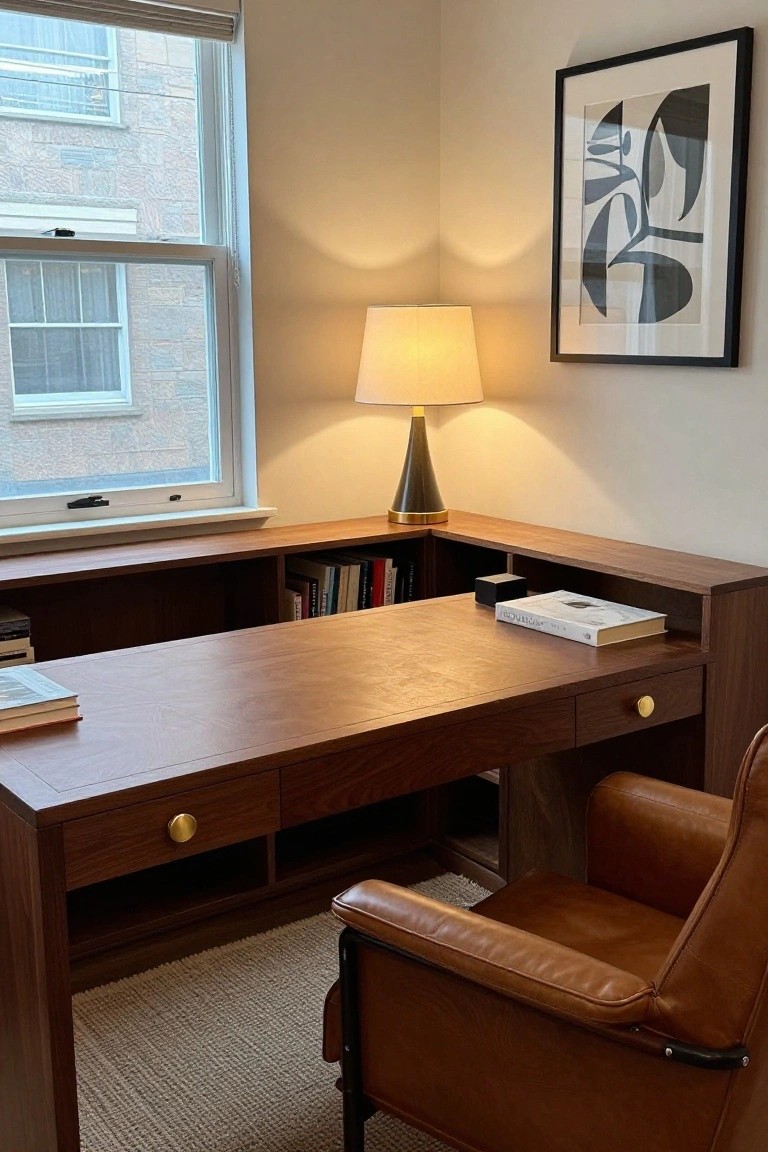 Home office corner with L-shaped wooden desk, integrated shelving holding books, tan leather chair, cone-shaped lamp, and window view of brick building.