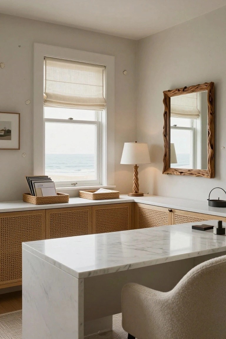 Light beige office corner with L-shaped white marble desk, rattan-fronted built-in cabinets underneath, cream upholstered armchair, wood-framed mirror, lamp, and window showing ocean view.