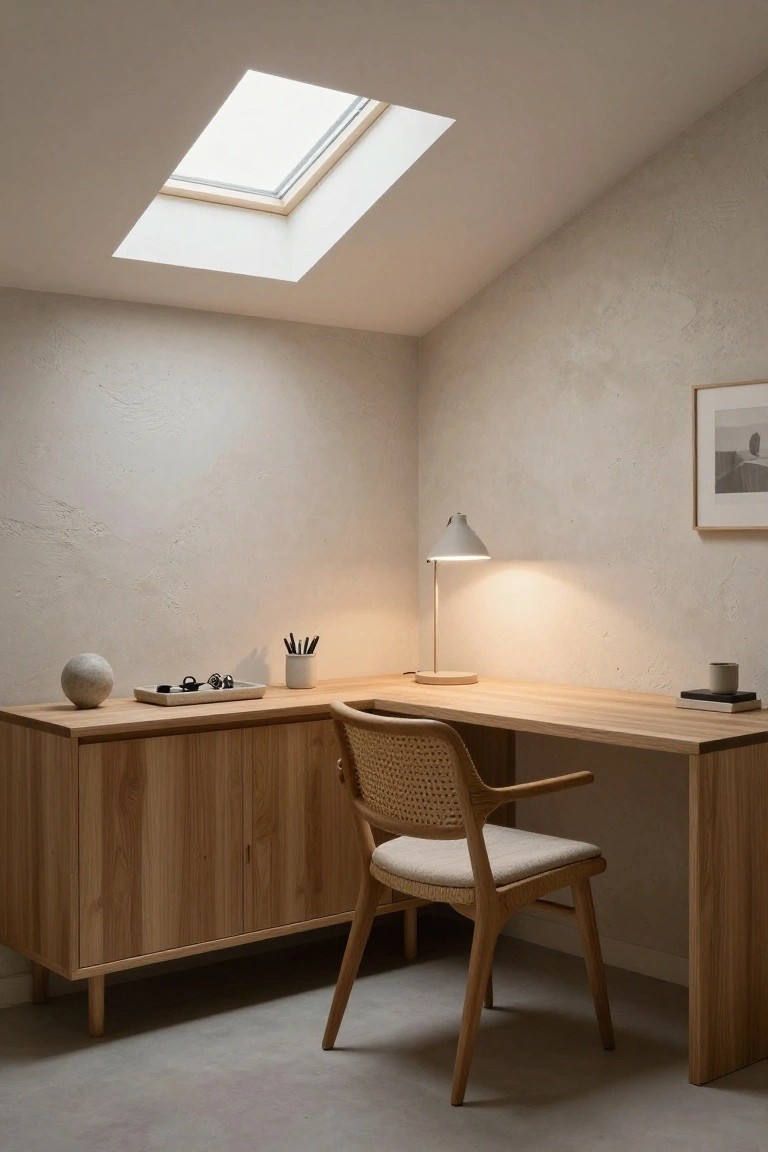 Corner home office with light wood L-shaped desk and cabinets, rattan armchair, white desk lamp, ceramic accessories, and framed art on textured beige walls under a skylight.