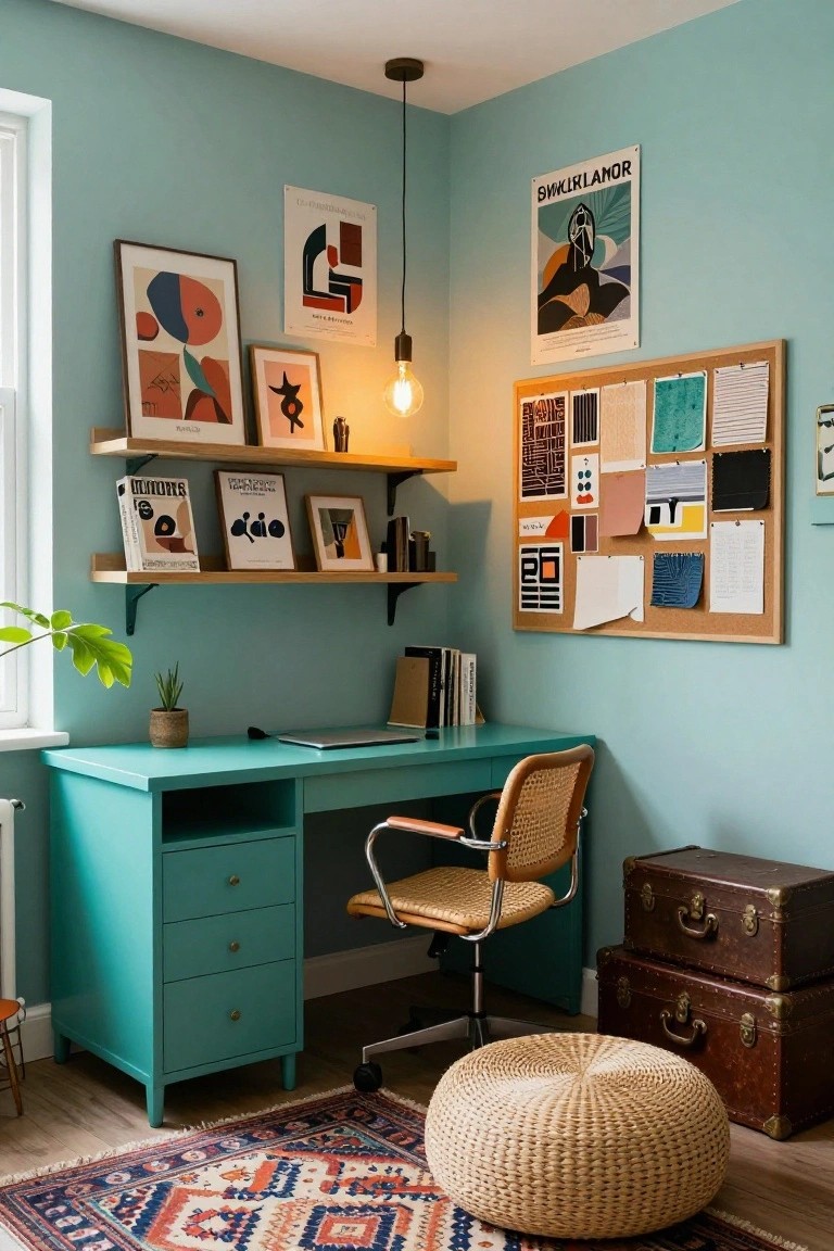 Corner of a light blue room featuring a turquoise L-shaped wooden desk with drawers, a rattan desk chair on wheels, wooden floating shelves holding books and picture frames, a corkboard with fabric swatches, and potted plants.