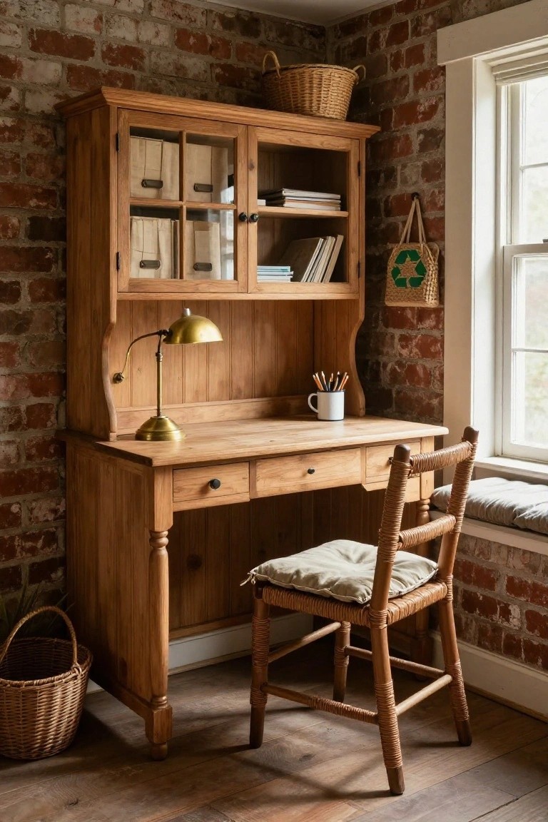 Wooden desk with hutch, brass lamp, and woven chair in rustic room.