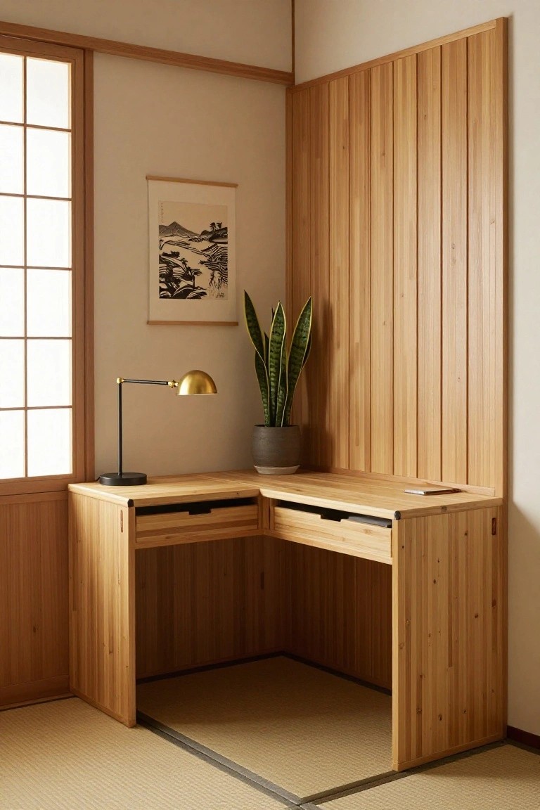Corner L-shaped wooden desk with drawers in a wood-paneled Japanese-style room featuring shoji screen window, gold desk lamp, snake plant in gray pot, ink landscape print on wall, and tatami floor.