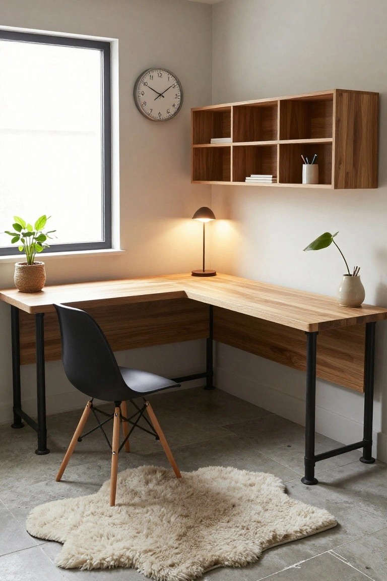 Corner room with L-shaped wooden desk on black metal legs, black molded plastic chair with wooden legs, wall-mounted wooden shelves, desk lamp, potted plants, clock, and sheepskin rug on concrete floor.