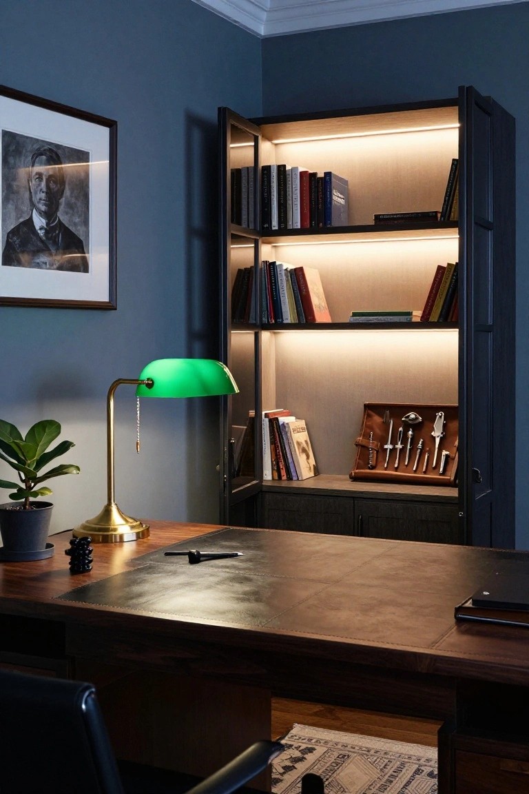Dark wood office desk with green banker's lamp and potted plant beside an open cabinet with LED-lit shelves displaying books and a leather tool case, in a navy-walled room with black leather chair.