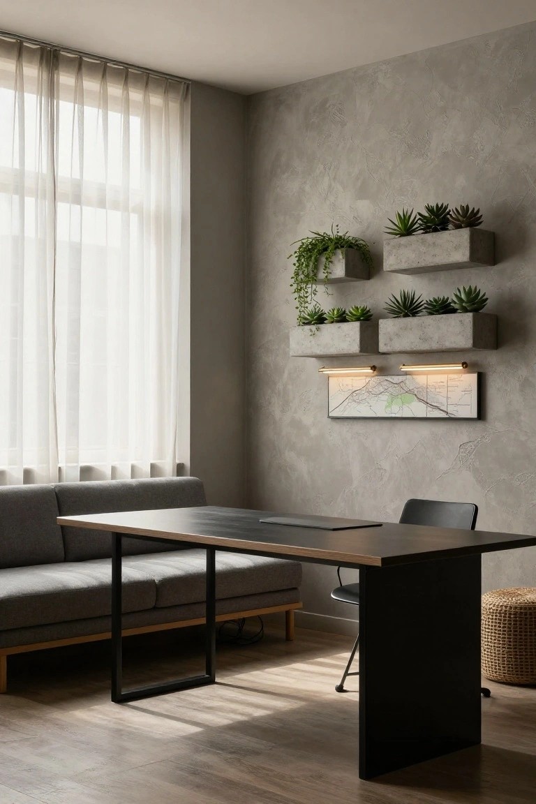 Modern office room with textured gray walls featuring wall-mounted concrete planters holding succulents and trailing plants, a black desk with chair, gray sofa, sheer curtains on a large window, and light wood flooring.