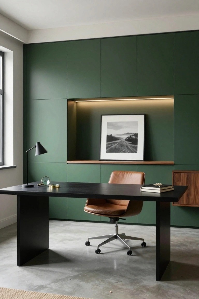 Modern home office with tall emerald green paneled walls, recessed niche holding black-and-white landscape photo above wooden shelf, black desk with tan leather chair, desk lamp, magnifying glass, books, and polished concrete floor.
