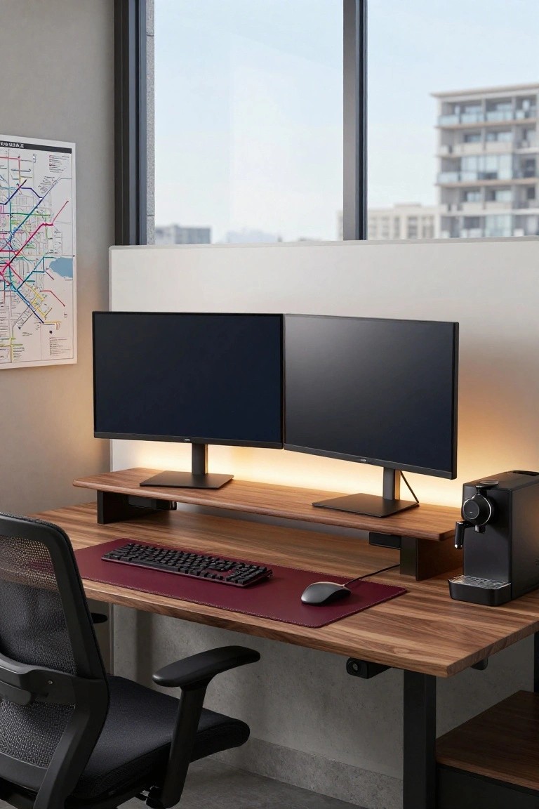 Modern home office featuring dual curved black monitors elevated on a wooden shelf above a walnut standing desk with red mouse pad and mechanical keyboard, Nespresso machine on desk corner, mesh office chair, and window view to city buildings.