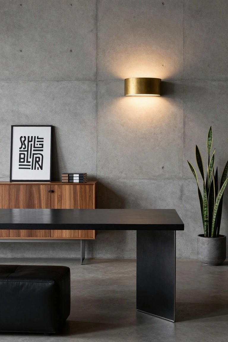Modern home office with exposed gray concrete walls, wooden credenza holding stacked books and a black-framed abstract art print, black metal desk with thin legs, gold cylindrical wall sconce, potted snake plant, and black leather pouf on concrete floor.
