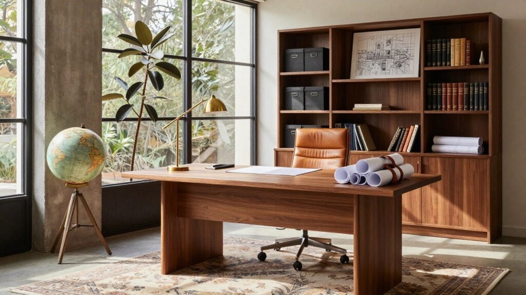 18 Masculine Office Ideas With Sleek Appeal Modern home office interior featuring a large rectangular wooden desk with rolled blueprints on top, tan leather executive chair, tall wooden bookshelves stocked with books and boxes, brass desk lamp, globe on stand, potted plant, and large window with concrete walls.