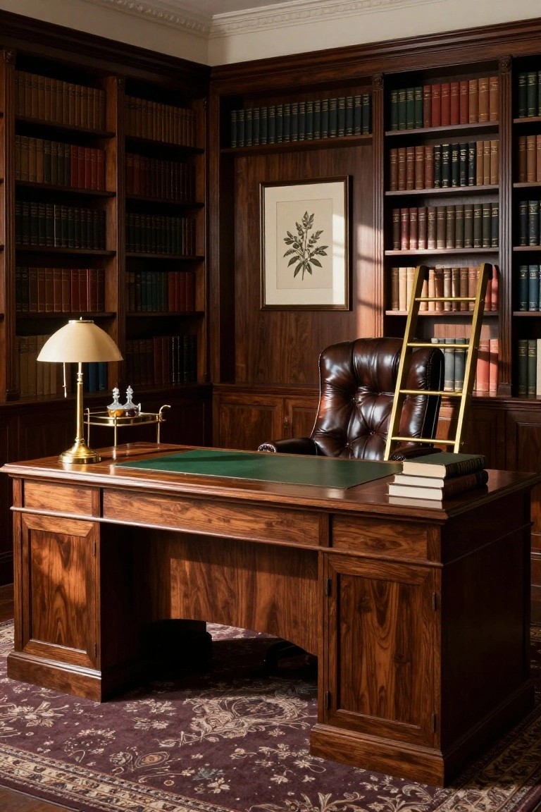 Wood-paneled office room with floor-to-ceiling bookshelves filled with books, walnut desk topped with green leather blotter and stacked books, tufted brown leather desk chair, brass lamp with shade, gold rolling ladder, and wall art of a plant.