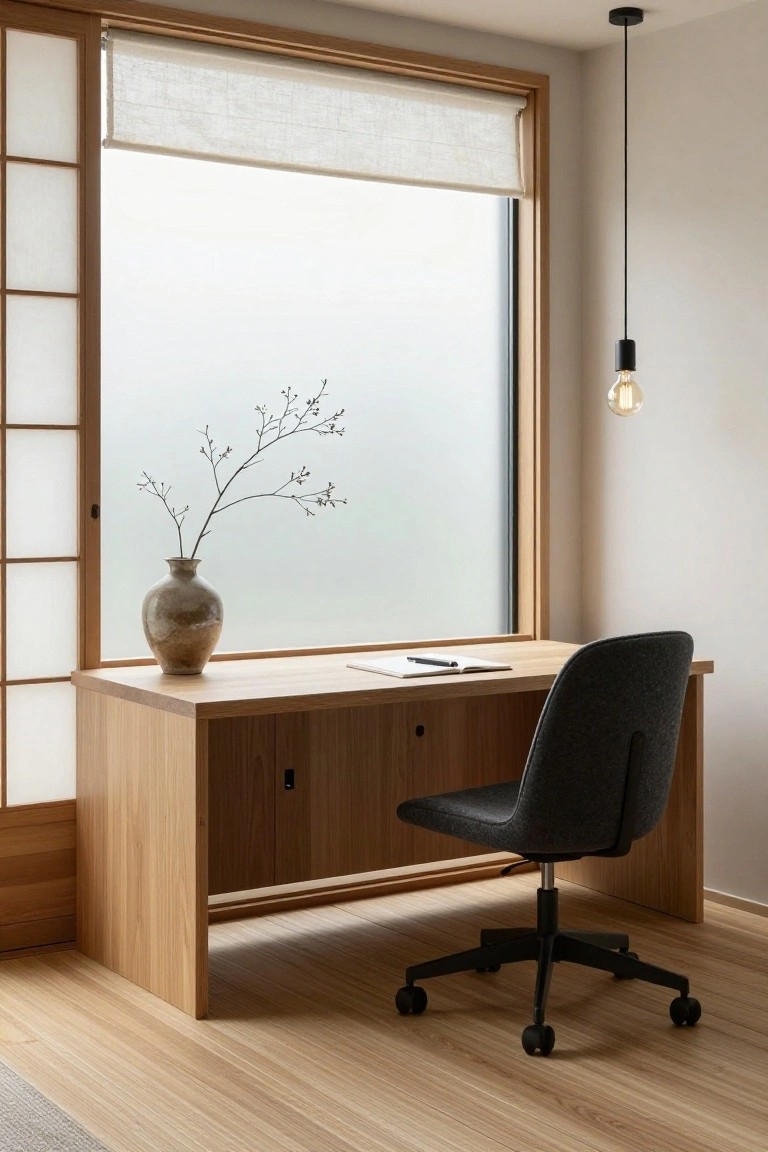 Minimalist home office interior with shoji screens on one wall, low oak desk with drawers and notebook on top, grey upholstered office chair, ceramic vase holding branches, frosted window with roller blind, black pendant lamp, and light oak flooring.