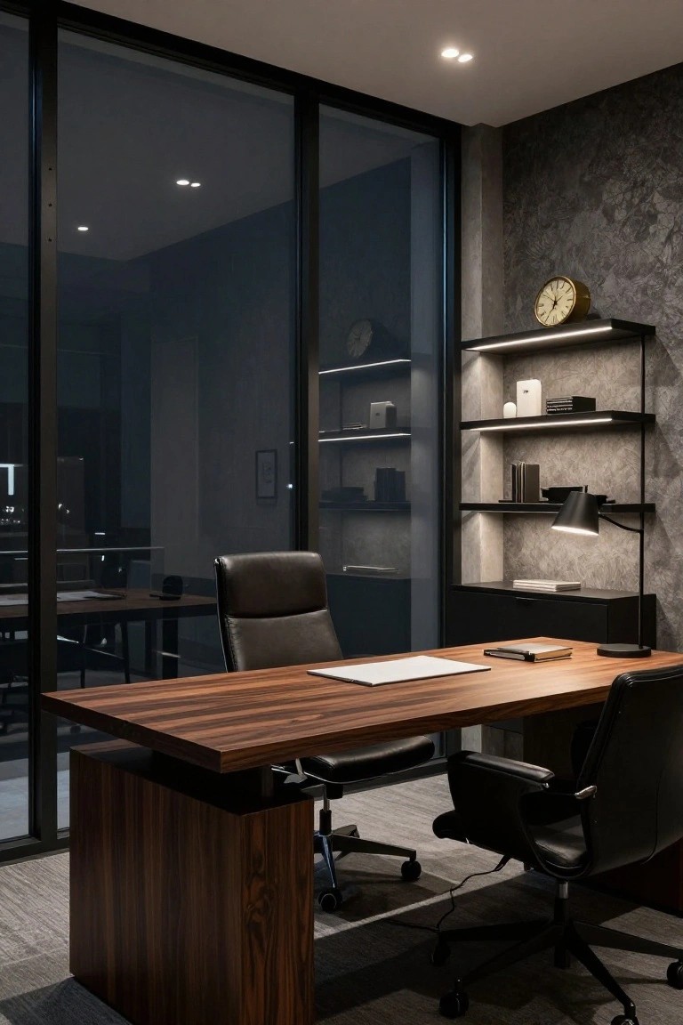 Modern office interior with large L-shaped walnut desk, two black leather chairs, built-in metal shelving with LED lighting and lamp, analog clock, and floor-to-ceiling dark glass windows at night.