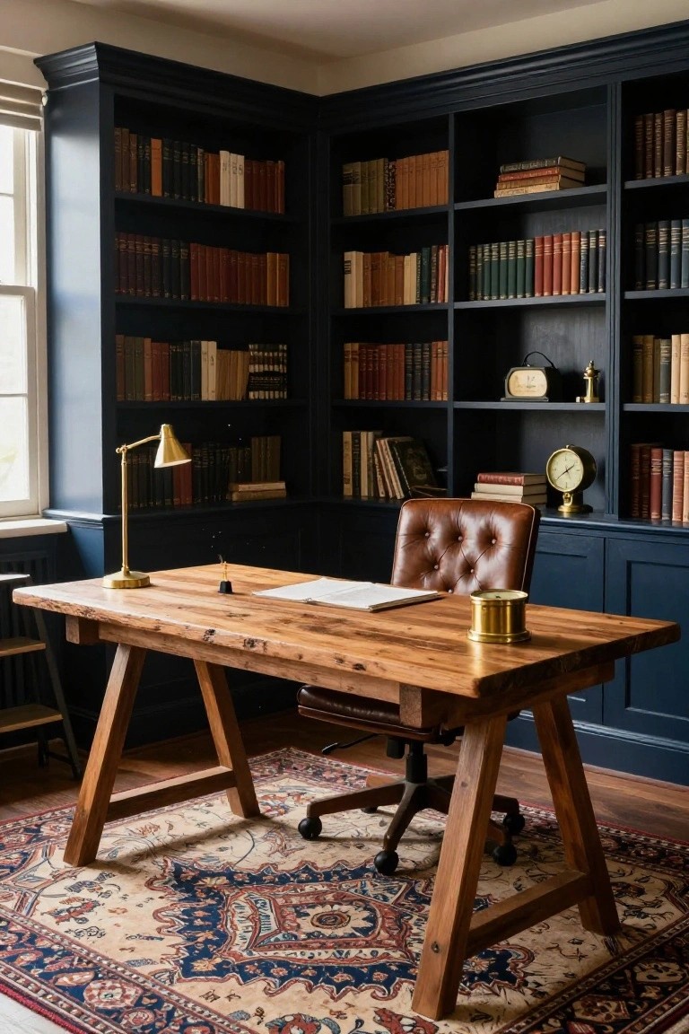 A home office featuring dark navy built-in bookshelves filled with books, a rustic wooden trestle desk with brass lamp and accessories, tufted brown leather chair, and patterned rug on wood floor.