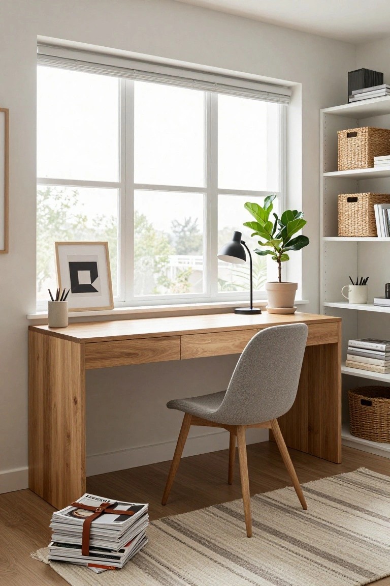 A home office with a light oak desk featuring drawers, a grey upholstered chair, white wall shelves holding wicker baskets and books, a potted fiddle leaf fig, desk lamp, and large window with blinds.