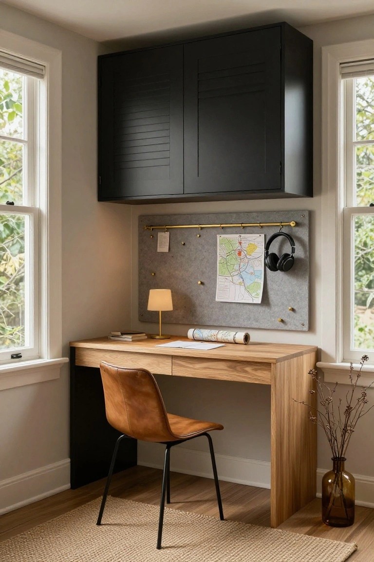 Corner home office with light oak desk, tan leather chair on black legs, black slatted overhead cabinets, gray felt pinboard holding a map and headphones, desk lamp, rolled paper, books, and two windows showing trees outside.