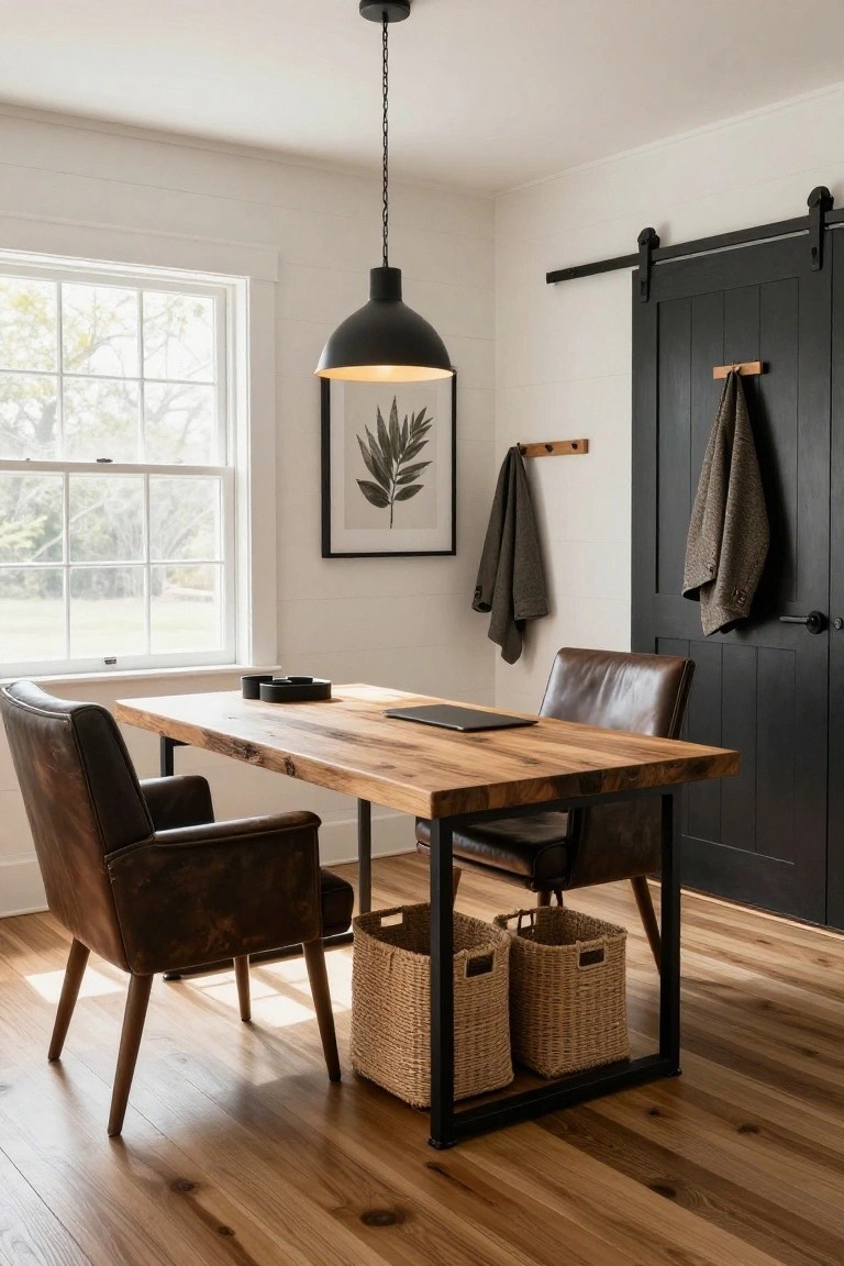 Home office featuring a rectangular live-edge wood desk on black metal legs, flanked by two brown leather armchairs, with a black sliding barn door, wall hooks holding towels, a pendant light, and a window showing trees outside.