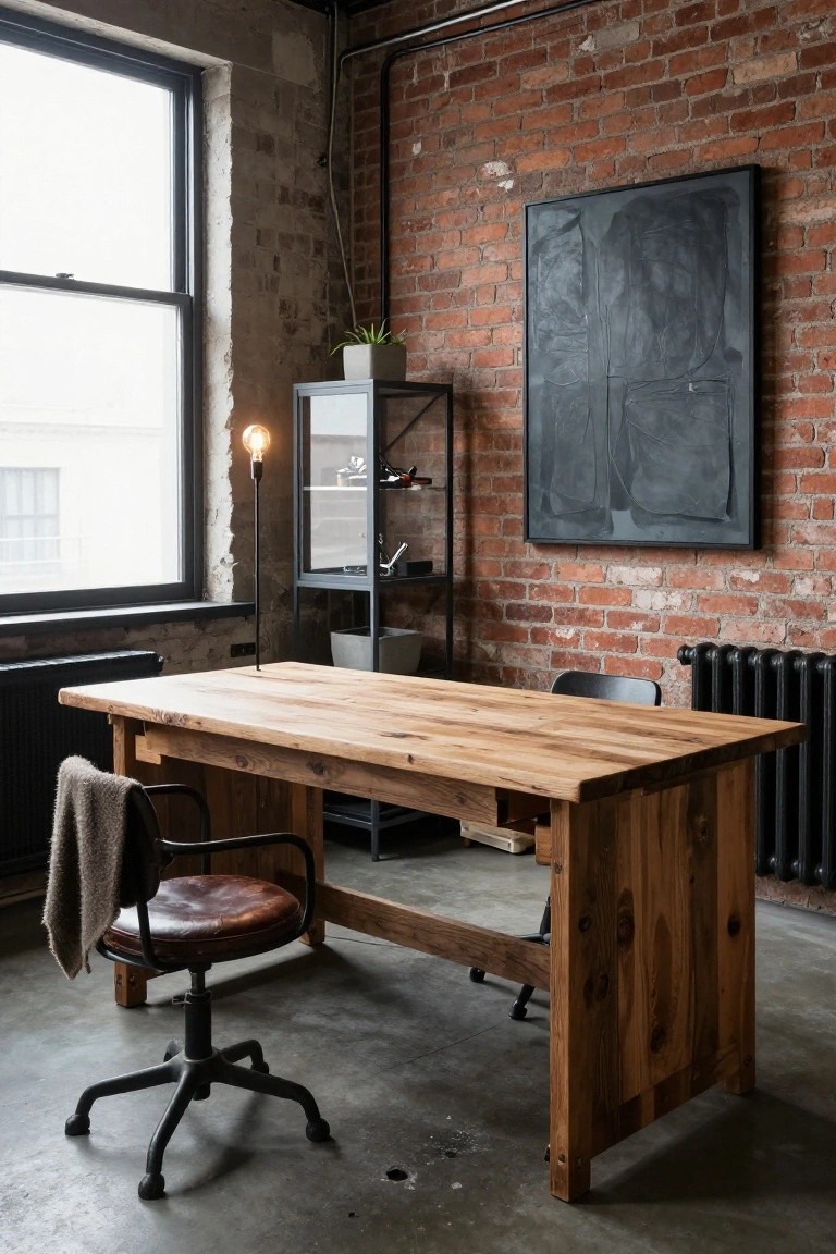 Home office interior with exposed brick walls, large rectangular wooden desk on trestle legs, brown leather armchair with draped throw, black office chair, metal shelving, and potted plant.