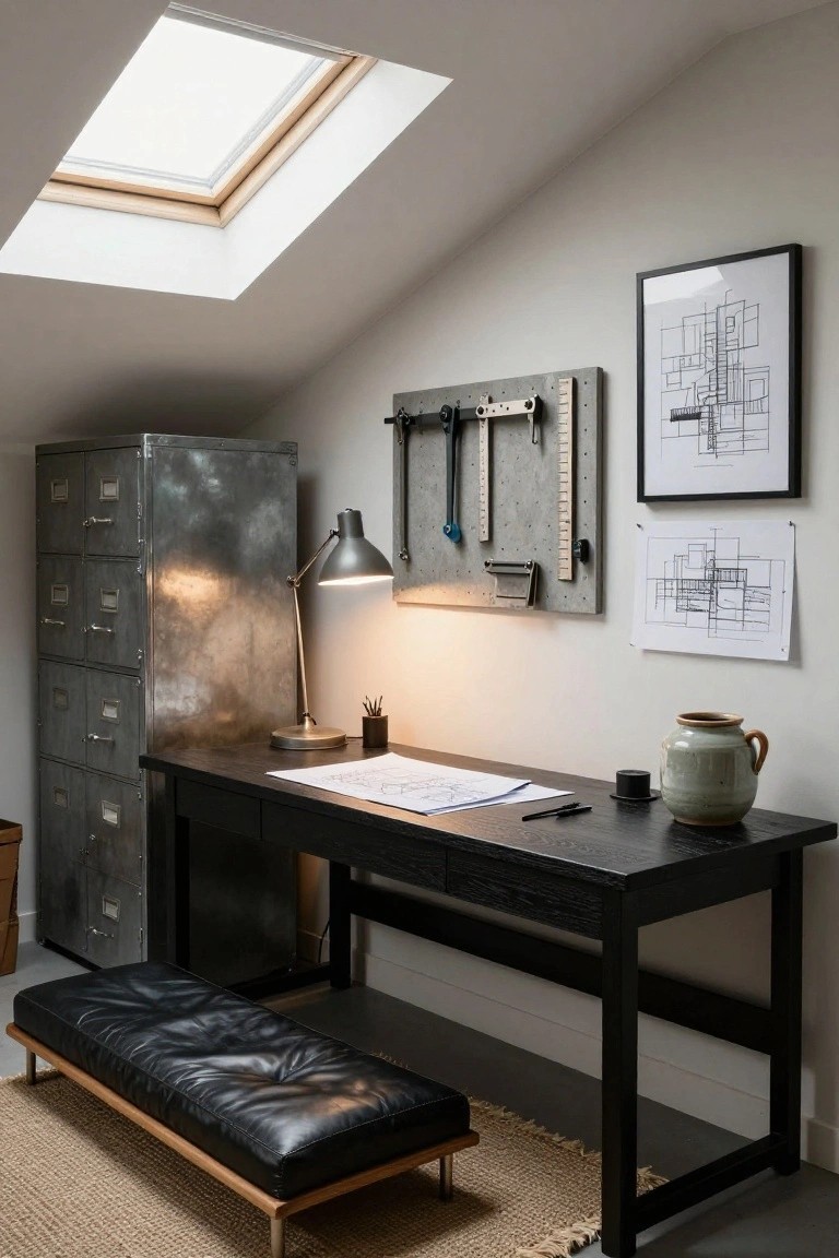 Attic home office with sloped ceiling and skylight, tall silver metal filing cabinet next to black wooden desk holding blueprints and pens, adjustable desk lamp, pegboard wall with tools and ruler, abstract line drawings on walls, green ceramic vase, and low black leather bench on beige rug.