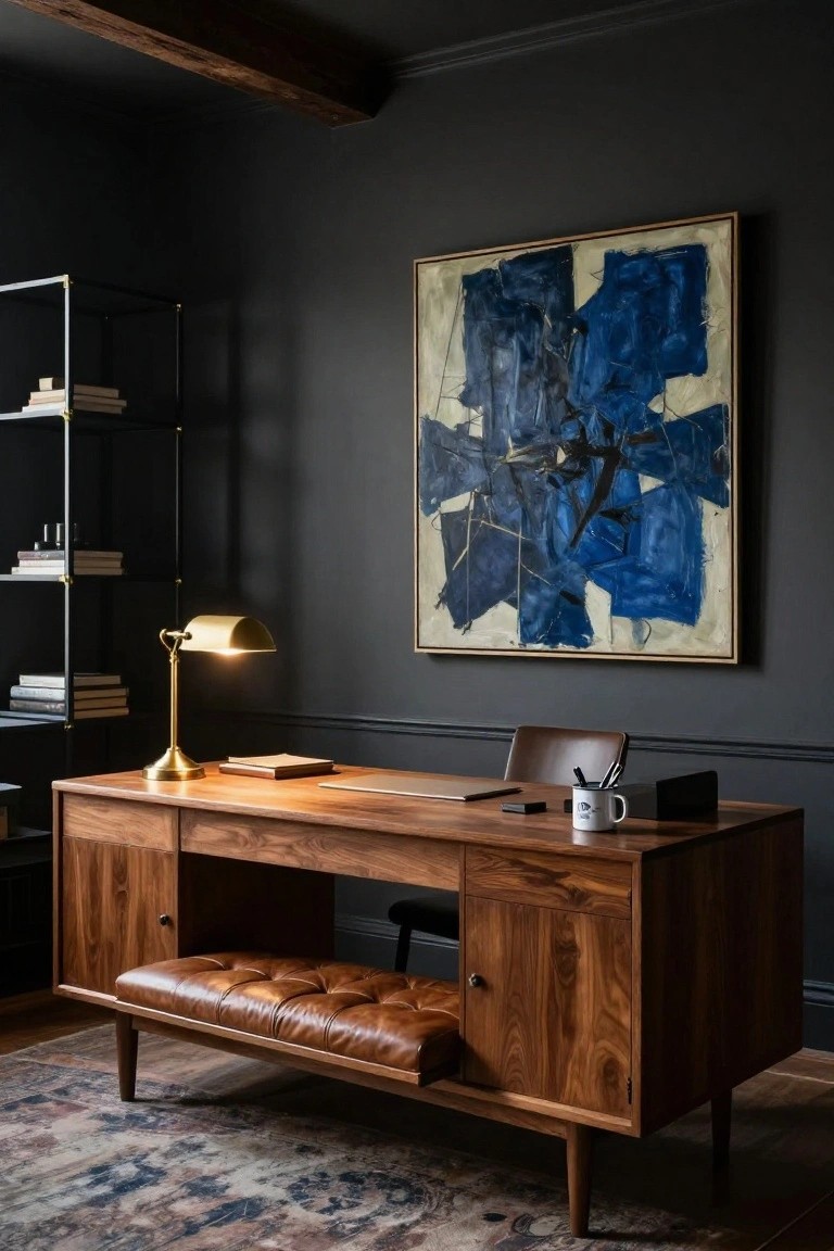 Home office with large walnut credenza desk featuring integrated tan leather bench on legs, gold banker's lamp, laptop, mug, abstract blue and white painting on dark wall, and black metal shelving unit.